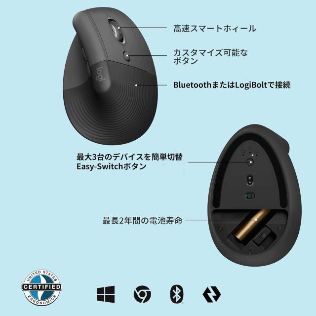 ロジクール ワイヤレス 静音 エルゴノミック マウス LIFT M800GR Logi Bolt Bluetooth Unifying非対応 smartwheel ワイヤレスマウス 無線_6