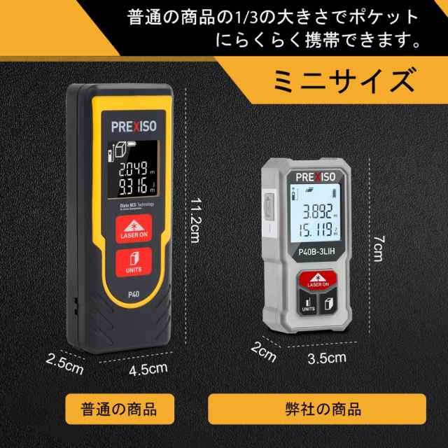 【第二代 新登場】PREXISO レーザー距離計 電子距離計 距離測定計 ミニ 40M PSC認定取得 コンパクト 高精度 USB充電式 ６種測定モード 距の通販は