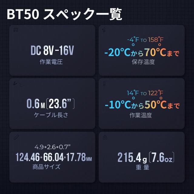カーバッテリーテスター 12V、TOPDON BT50、自動車用 100-2000 CCA バッテリーチェッカー SOH、SOC、CCA、電圧、内部抵抗、始動電圧と時