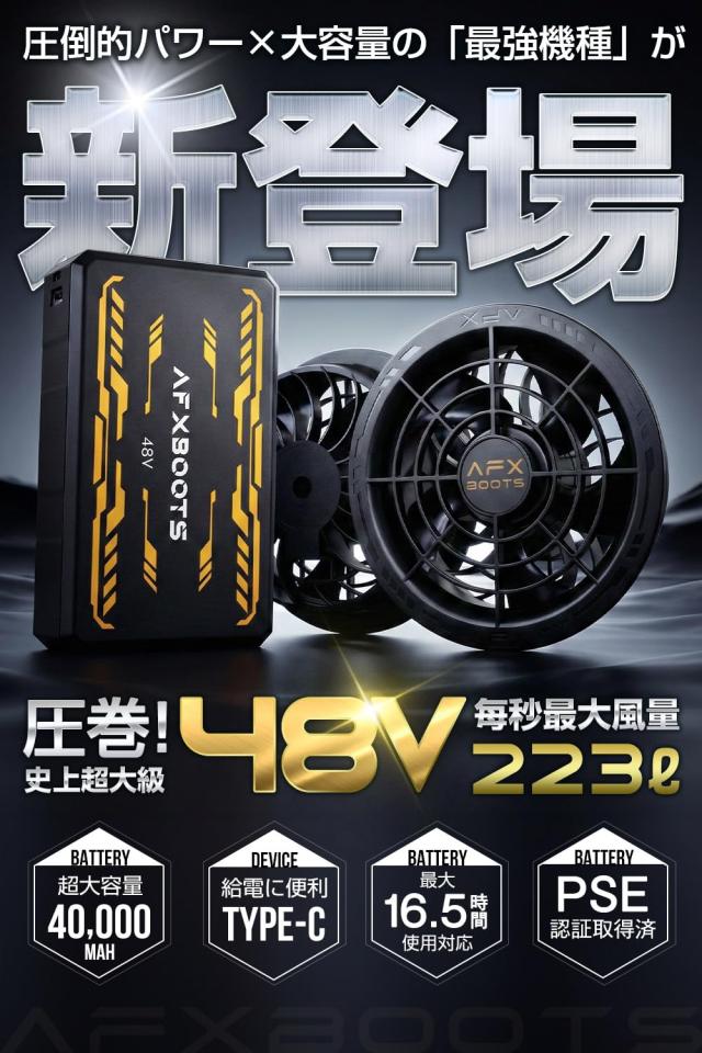 48V業界最強クラス 40000mAh】ファンバッテリーセット 暴風6段階調節