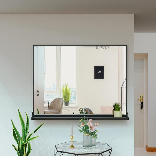 ANYHI 長方形鏡 壁掛け、洗面所 鏡80.7x62 cm ブラック 壁掛け金属