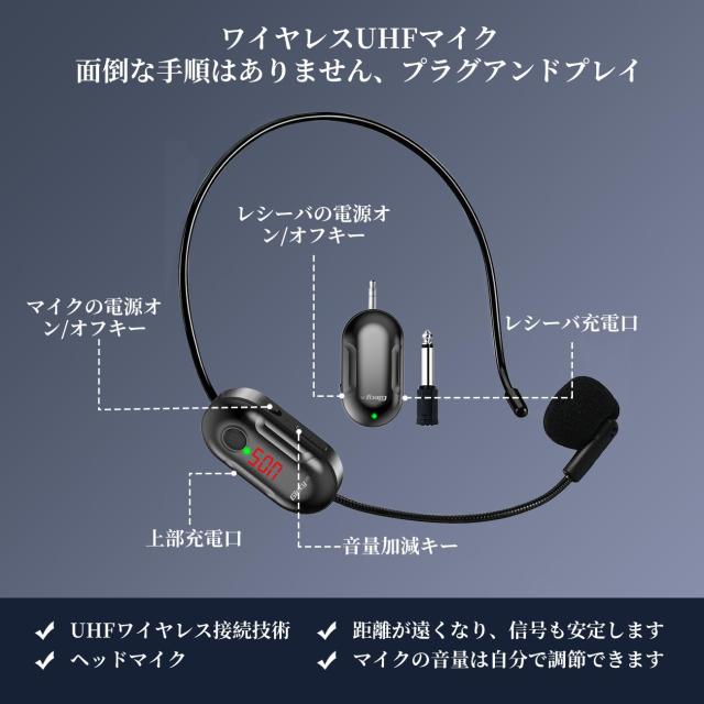 Giecy 拡声器ハンズフリー 無線拡声器 ワイヤスUHFマイク 2600mAh PA