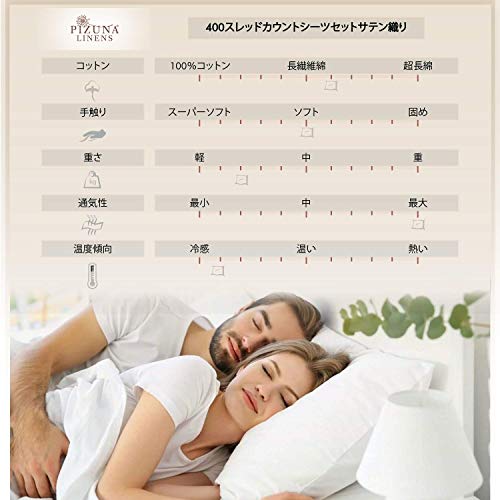 Pizuna 400スレッドカウントコットン ボックスシーツ - ベッドカバー (セミダブル) 長繊維綿100% 高級コットンサテン 家庭洗濯機洗い可