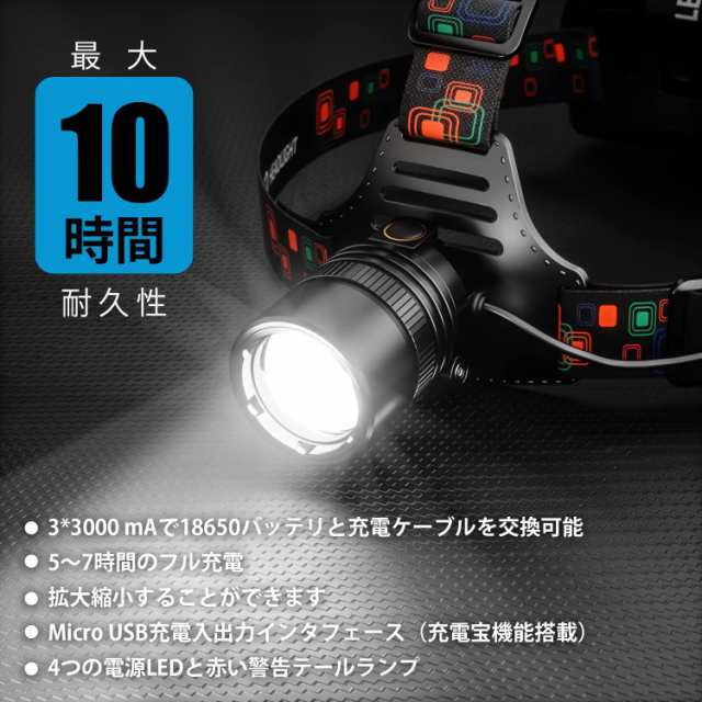 ＠ ヘッドライト ヘッドランプ 18650 LED 頭 充電式 釣り フィッシング 登山 アウトドア 超強力黒赤 単品 01