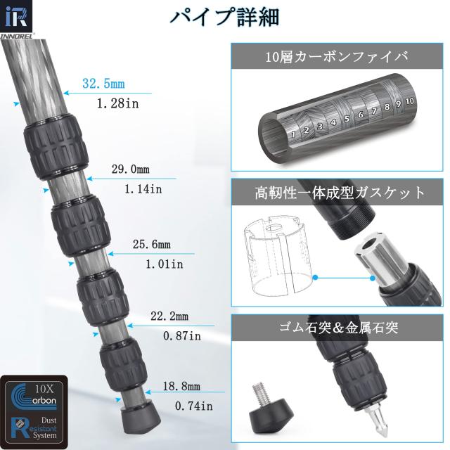 INNOREL 一脚 カメラ用 カーボン製 26lb/12kg耐荷重 5セクション伸縮可能 コンパクト 便利 軽量 旅行用（RM325C）_2