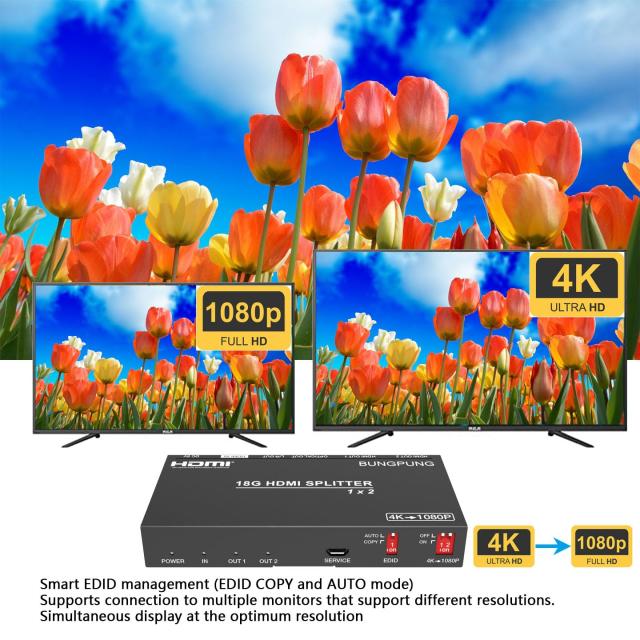 BUNGPUNG HDMI 分配器 1入力2出力 同時出力、 HDMI 音声分離 光デジタル アナログ SPDIF 3.5mm L/R 音声出力、4K@60Hz 1080P@120Hz 18Gbp