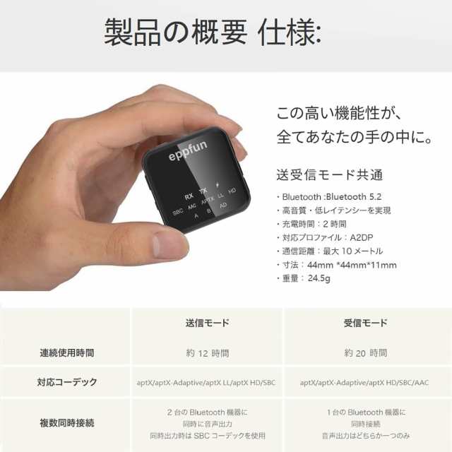 eppfun AK3046C Bluetooth 5.2 Qualcomm aptX-Adaptive HDトランスミッター レシーバー (受信機  送信機 一台二役) AAC/aptX/aptX-LL/aptXの通販はau PAY マーケット - libra shop | au PAY  マーケット－通販サイト