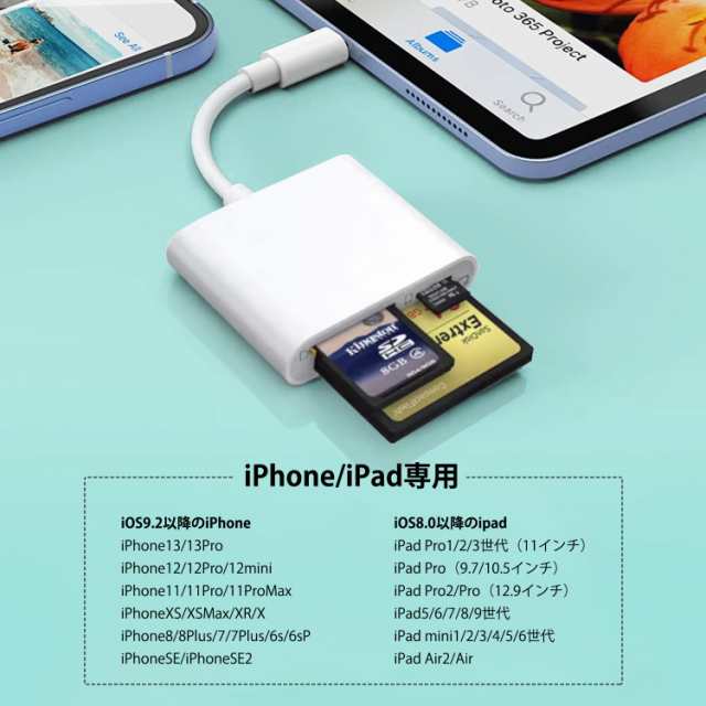 SD TF CF カードリーダー 3in1 iPhone/iPad用 SD/Micro SD/CF メモリー