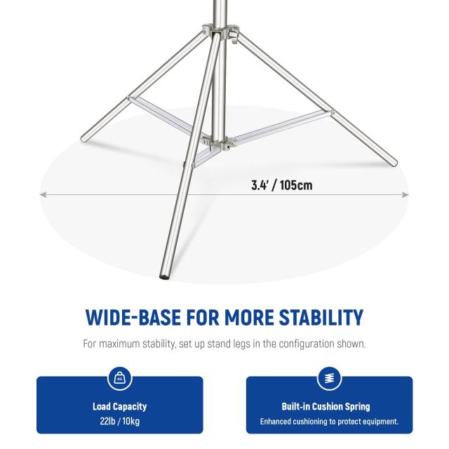 NEEWER 2.8m ステンレス製ライトスタンド スプリングバッファー耐荷重写真三脚スタンド 1/4”から3/8”ネジアダプター付き スタジオストロ