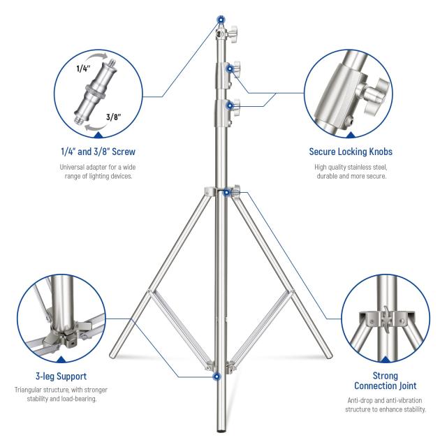NEEWER 2.8m ステンレス製ライトスタンド スプリングバッファー耐荷重写真三脚スタンド 1/4”から3/8”ネジアダプター付き スタジオストロ