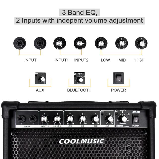 Coolmusic DM30 AMP 30 ワット電子ドラム アンプ キーボード アンプ Aux 入力と BT、2 入力、3 バンド EQ と DI 出力_3