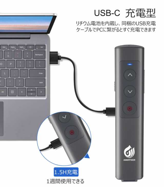 AMERTEER レーザーポインター PPTスライド用リモート ワイヤレス