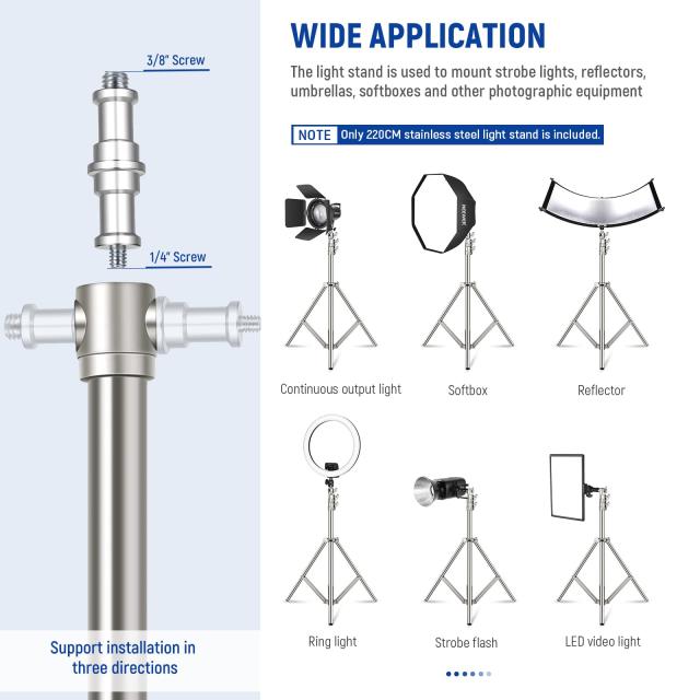NEEWER 2.2m ステンレス鋼製ライトスタンド 高さ調節可能 スプリングクッション耐荷重撮影用三脚スタンド 1/4”-3/8”ネジアダプター付き