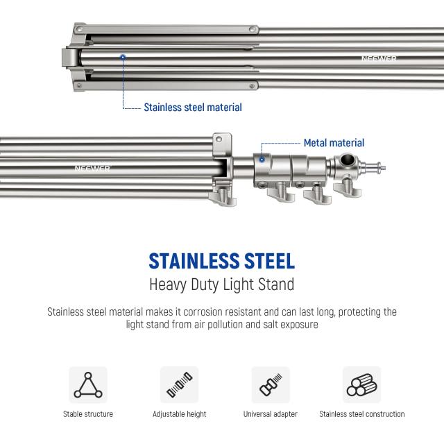 NEEWER 2.2m ステンレス鋼製ライトスタンド 高さ調節可能 スプリングクッション耐荷重撮影用三脚スタンド 1/4”-3/8”ネジアダプター付き