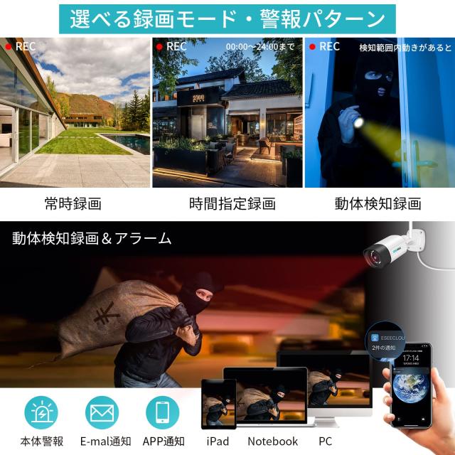 【500万画素・双方向音声】 防犯カメラ ワイヤレスSovmiku 10インチ超 モニタ一体型NVR 1536P 500万画素ワイヤレスカメラ4台セット 8チャ_4
