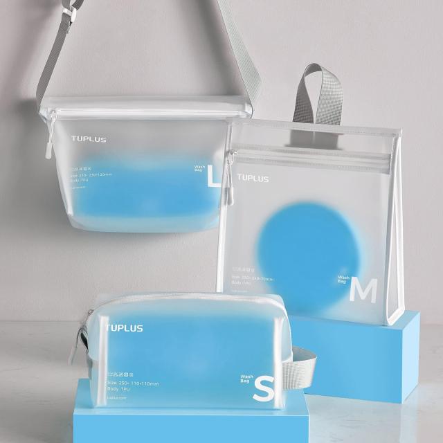 [TUPLUS] ゼリーバッグ トイレタリーバッグ 2個セット TPU+PVC化粧ポーチ 防水 旅行 出張 スパ 収納 洗面用具ポーチ (L + Blue Round) TUPLUS] ゼリーバッグ トイレタリーバッグ 2個セット TPU+PVC化粧