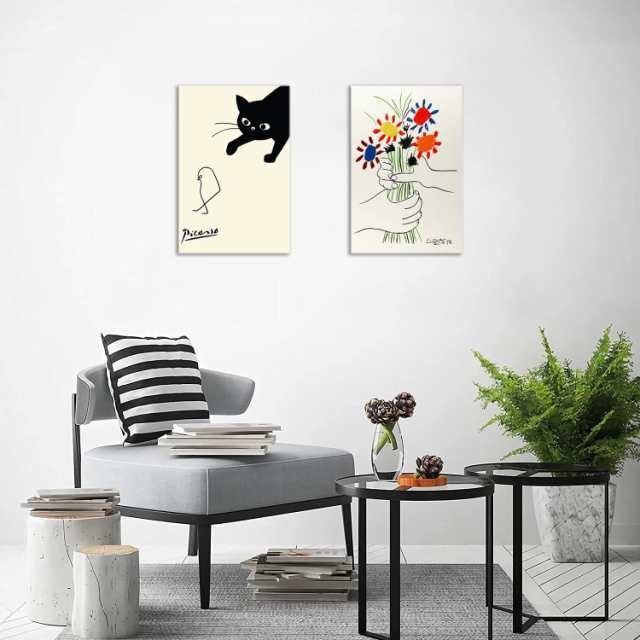 アート ポスター ピカソ 鳥を捕まえる猫 ネコとひよこ 絵画 ピカソ 猫 動物 壁画 パネル 飾り絵 部屋飾り 壁掛け 玄関 木枠付きの完成品(40x60cm x2Pcs)