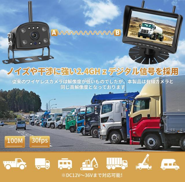 Hizenyo 録画機能付き バックカメラモニターセット ワイヤレスバックカメラ24v 7インチIPSモニター付き ワイヤレスバックモニター アンテ