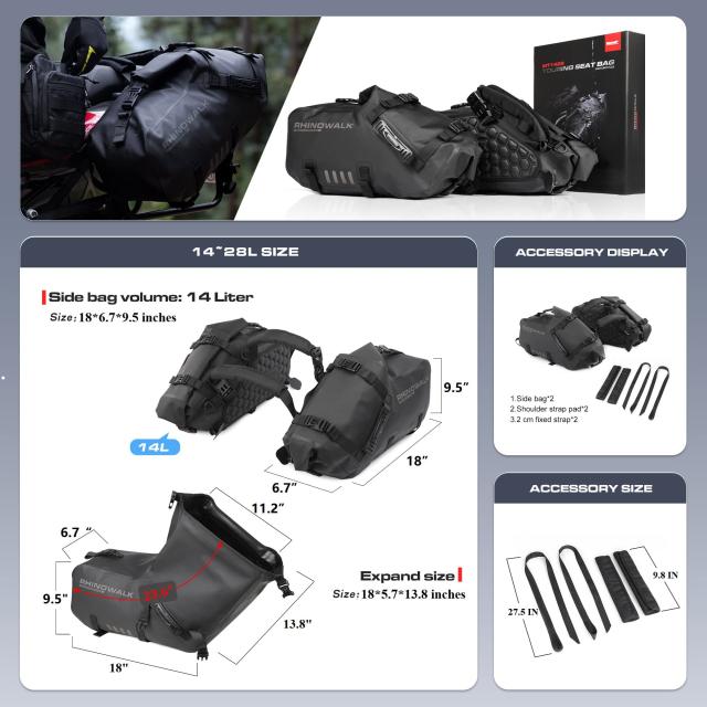Rhinowalk オートバイサドルバッグ 防水 防振モーターサイドバッグ ショルダーバッグ オートバイパニア 28L(14L*2) ほとんどのアドベンチ