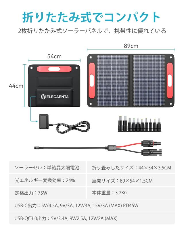 ELECAENTA ソーラーパネル 75W PD45W/QC3.0急速充電 折りたたみ式