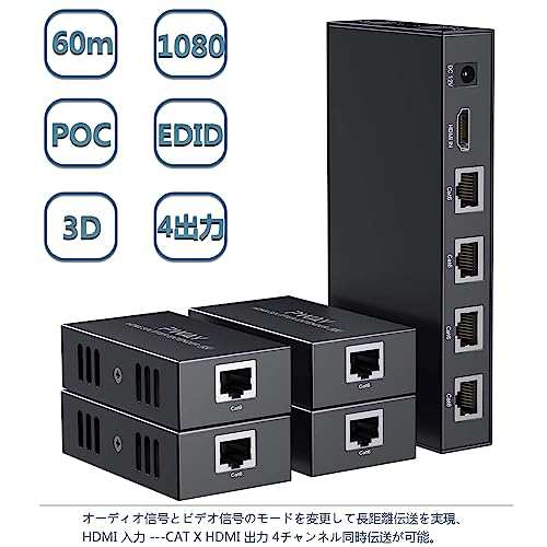 POC HDMIエクステンダー LAN 3D分配器 4出力 遅延なし60m安定転送距離