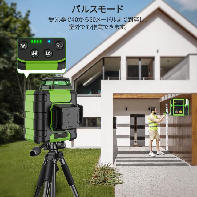 Huepar レーザー墨出し器 3x360°グリーンレーザー 12線フルライン 30メードル作業範囲 2電源方式 USB充電可能 受光器対応 IP54 HM03CG