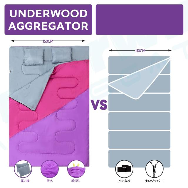 UnderwoodAggregator 二人用寝袋 冬用 夏用 封筒型シュラフ - コンパクト キャンプ 2人用 軽量 保温 防水スリーピングバッグ 連結解体可