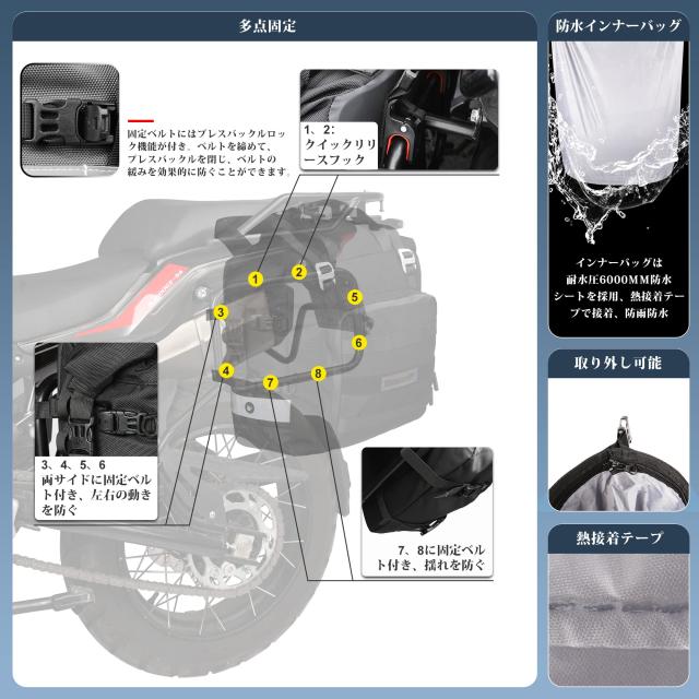 Rhinowalk バイク用サイドバッグ 防水 20L大容量 オフロード アドベンチャー用 ソフトパニアバッグ 軽量 クイックリリース キャンプ ツー