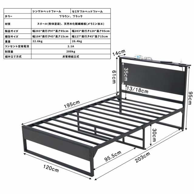 [30cmの収納空間]ベッドフレーム セミダブル ベッド パイプベッド ダブルベッド 頑丈なスチルパイプ 耐荷重200kg 2口コンセント付き 快速