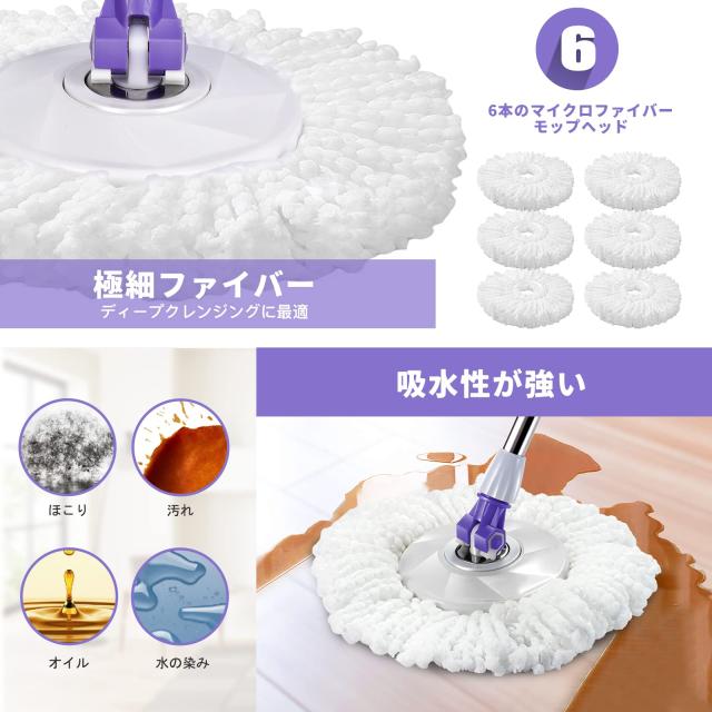 ZNM 回転モップ フロアモップ モップパッド6枚付き 2in1モップバケツ 簡単な収納 移動が容易 モップ 拭き掃除 長さ調節 腰に負担なし モの通販は