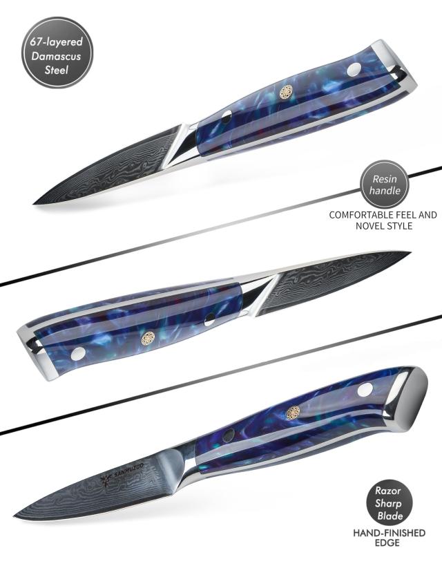 SANMUZUO 3.5 Inch Paring Knife - Kitchen Fruit Peeling Knife Damascus Steel ＆ Resin Handle - XUAN Series(Sapphire Blue)_2