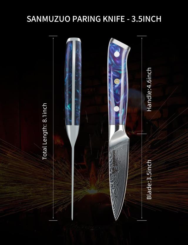SANMUZUO 3.5 Inch Paring Knife - Kitchen Fruit Peeling Knife Damascus Steel ＆ Resin Handle - XUAN Series(Sapphire Blue)_3