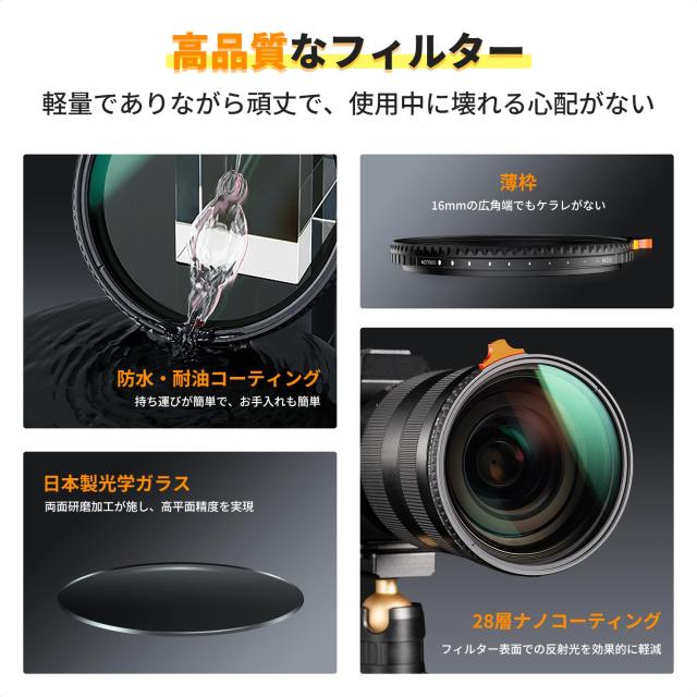 K＆F Concept 49mm 可変NDフィルター ND3-ND1000 日本製AGC光学ガラス HD超解像力 低い反射率 360°無段階調節可能 28層ナノコーティング_4