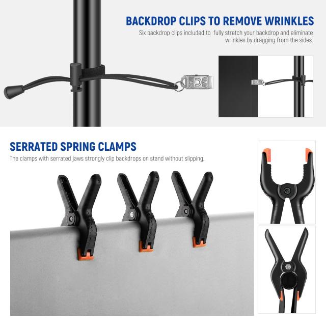 NEEWER 2.6x3m 調節可能な背景スタンドキット 撮影背景サポートシステム クロスバー4本、スプリングクランプ6個、背景クリップ6個、サン