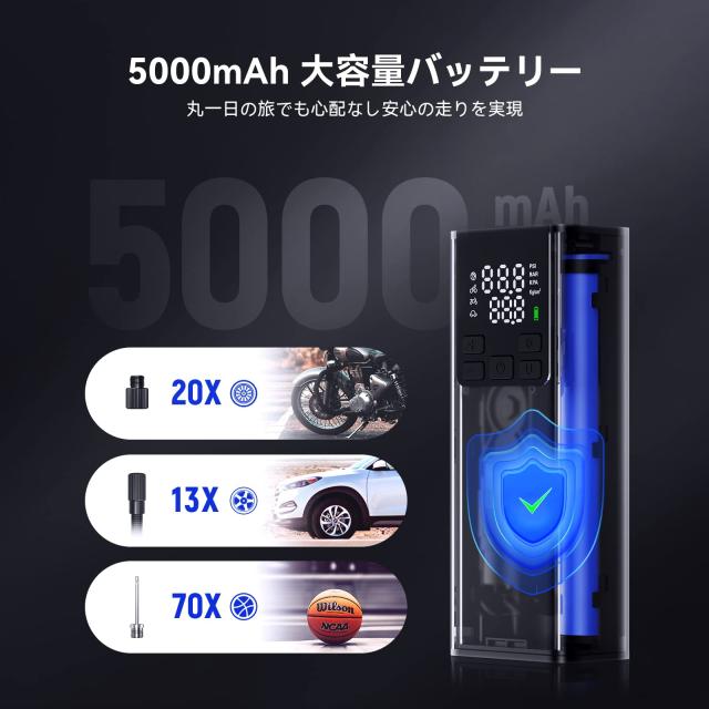 LEXIN エアーポンプ エアコンプレッサー 電動空気入れ 500g 5000mAhバッテリー 最大150PSI圧力 空気圧指定可能 緊急用LEDライト搭載 小型_1