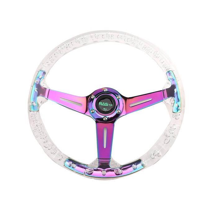 ZS ステアリング ハンドル 340mm ネオ クローム 6 ホール ディープ ディッシュ クリスタルバブル 透明 (虹)_5