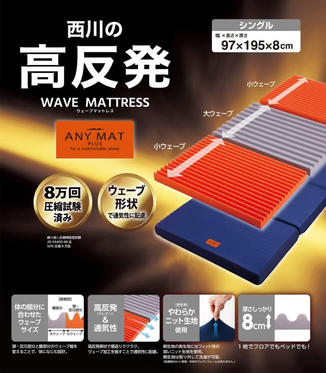 【西川】 エニーマット マットレス シングル 高反発 体の部分に合わせたウェーブ nishikawa【西川】 エニーマット マットレス シングル 高反発 体の部分