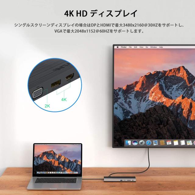 WAVLINK USB-C 4Kトリプル ドッキングステーション 100W 出力 USB3.0 USB-C 4K HDMI_2