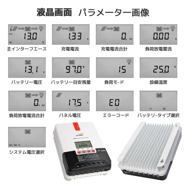 LVYUAN（リョクエン）MPPT 30Aソーラー充電コントローラー 最大入力800w 最大電力点追従型(MPPT) 12V 24V 自動 最大PV 100V入力 ソーラー_8