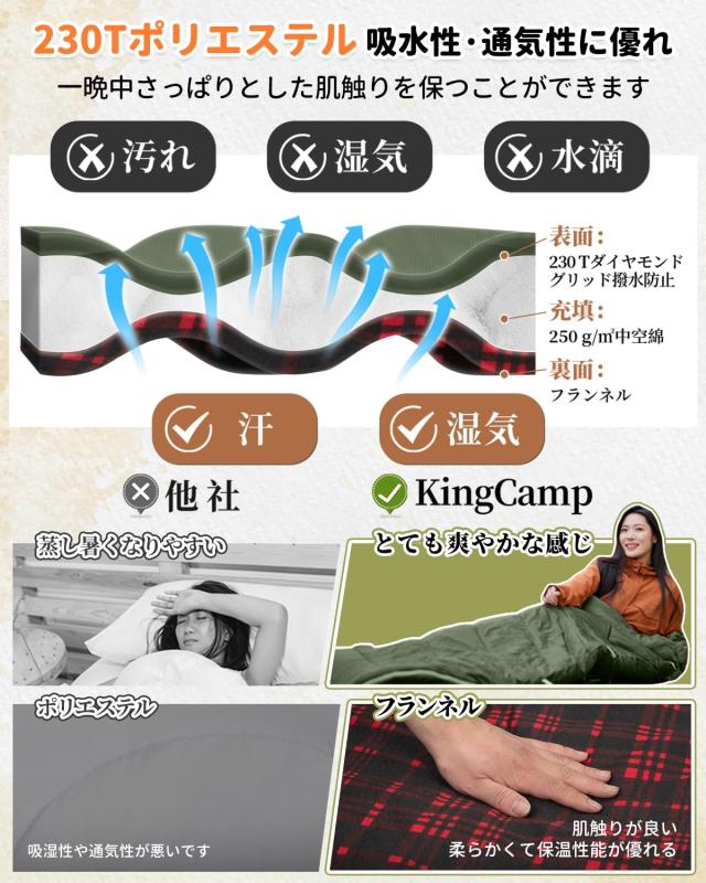 KingCamp 寝袋 シュラフ フランネル生地 冬用 オールシーズン 封筒型 大きいサイズ 幅100cm 2.1KG コンパクト防水 洗える sleeping bag
