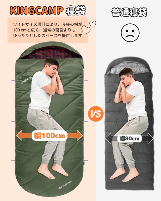 KingCamp 寝袋 シュラフ フランネル生地 冬用 オールシーズン 封筒型 大きいサイズ 幅100cm 2.1KG コンパクト防水 洗える sleeping bag