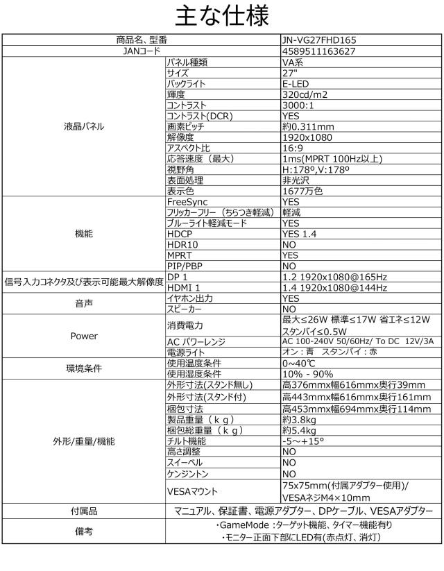 【Amazon.co.jp限定】 JAPANNEXT 27インチ ゲーミングモニター 165Hz 1ms フルHD 1920x1080解像度 VA パネル ディスプレイ (HDMI/Display_6