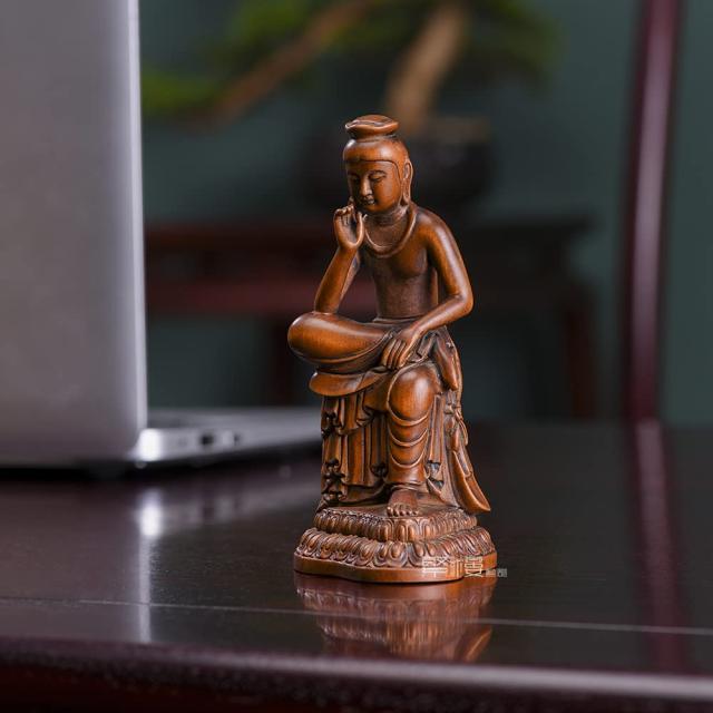 繁樓藝雕 仏像 弥勒菩薩 半跏思惟像 木彫り 仏壇仏像 置物 桧木製 古美色（高さ12cm×巾5.5cm×奥行7cm） (古美色)