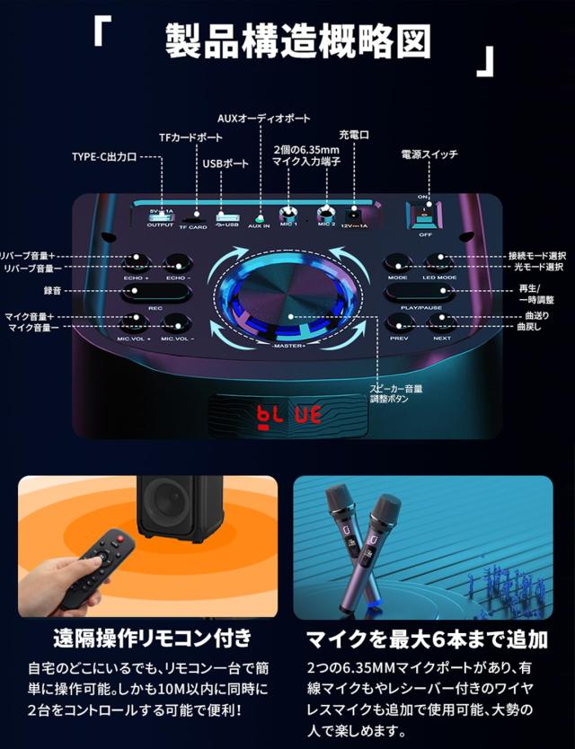 JYX ワイヤレスマイク スピーカーセット マイク二本付き 低音強化機能搭載 充電式 カラオケ、街頭スピーチ、イベントなどに適用_6