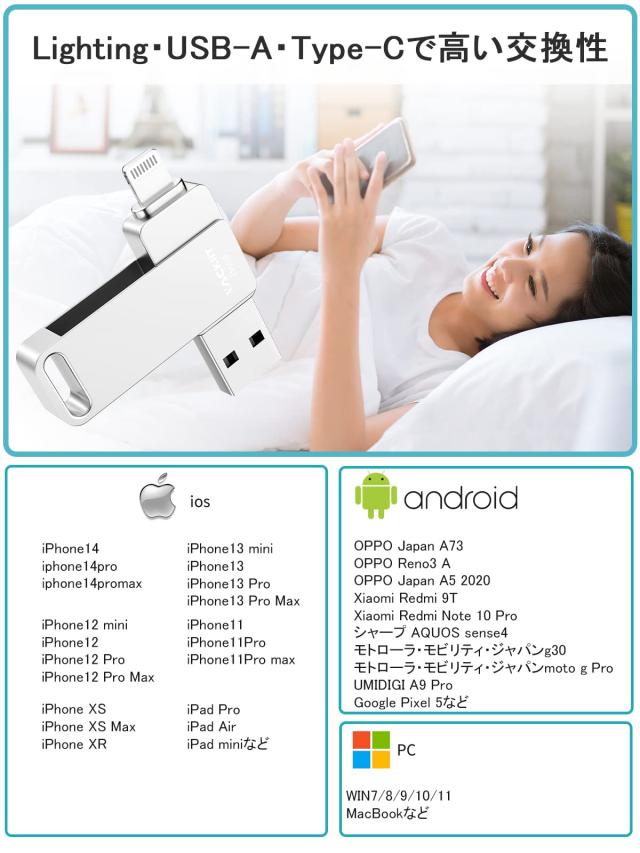 Vackiit「Apple MFi認証取得」iPhone用 usbメモリusb iphone対応 Lightning USB iPhone用 メモリー iPad用 フラッシュドライブ usbメモリ