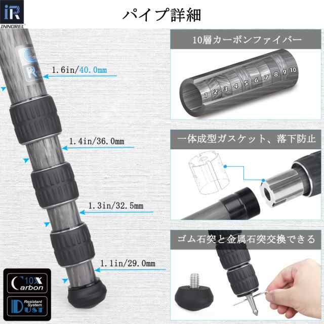 カーボン 三脚 大型 INNOREL カメラ三脚 35KG 耐荷重 40MMパイプ コンパクト三脚 201CM最大高度 野鳥 動物 天体観測 プロ級 延長センターの通販は