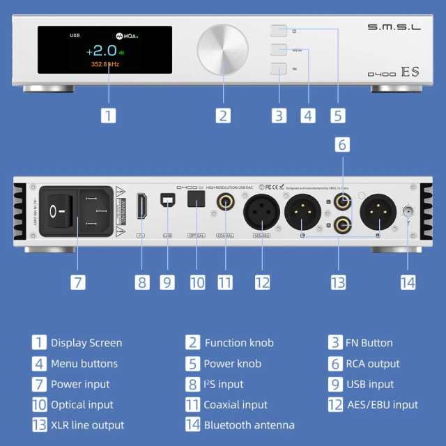 S.M.S.L D400ES D/Aコンバーター Bluetooth DAC フラッグシップDAC「ES9039MSPRO」搭載 /MQA・ハイレゾ・DSD音源