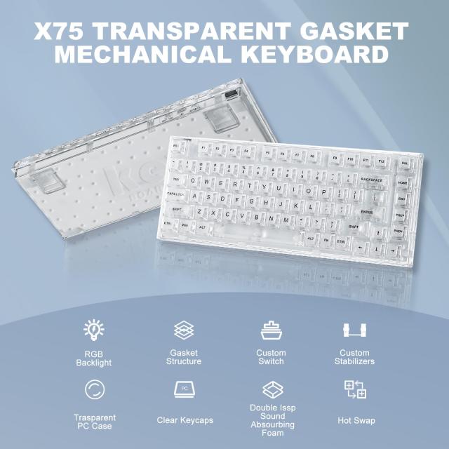 YUNZII X75 ホットスワップメカニカルキーボード 透明なキーキャップ ガスケット装着75キーボード RGBバックライト付き ゲーミングキーボ_1