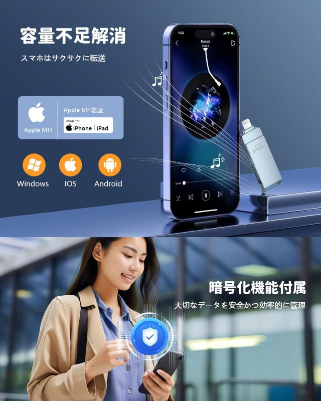Vackiit「Apple MFi認証取得」iPhone用 usbメモリusb iphone対応 Lightning USB iPhone用 メモリー iPad用 フラッシュドライブ usb Vackiit MFi認証取得iPhone用USBメモリー 256GB USB 3.0 iphone用