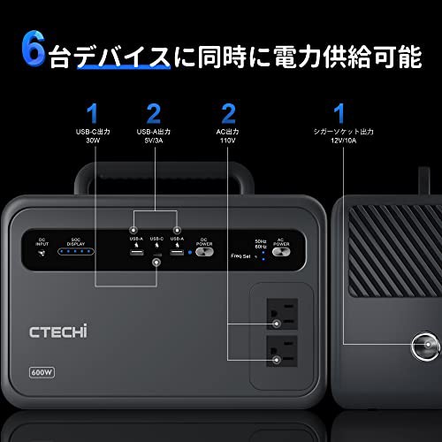 CTECHi ポータブル電源 600W 大容量 リン酸鉄リチウムイオン電池 ポータブルバッテリー 小型軽量 非常用電源 蓄電池  384Wh/120000mAh AC(の通販はau PAY マーケット - hkマーケット | au PAY マーケット－通販サイト